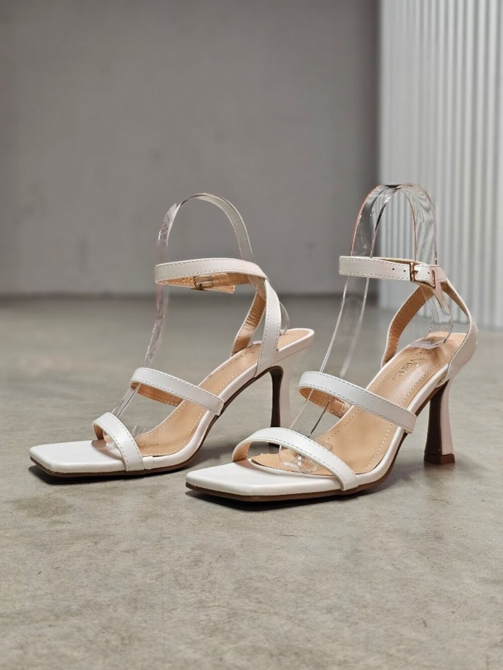 Strappy White High Heel Sandals With Square Toe & Adjustable Buckle Strap - Bell - Picture 14 of 14